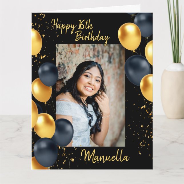 Black and gold balloons one photo birthday card (Front)