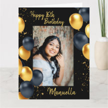 Black and gold balloons one photo birthday card