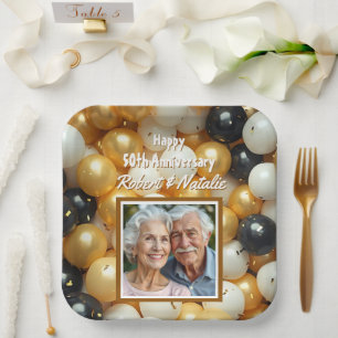 Black and Gold Balloons   Personalised Anniversary Paper Plate