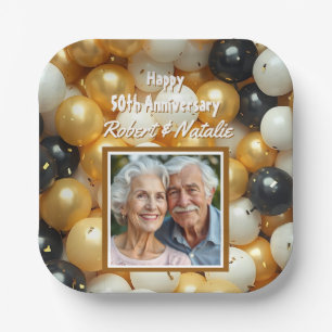 Black and Gold Balloons Personalised Anniversary Paper Plate