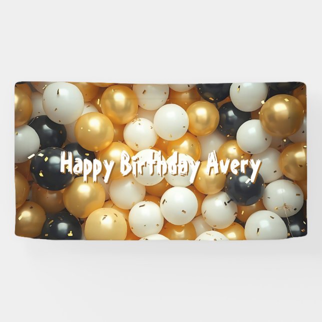 Black and Gold Balloons | Personalised Birthday Banner (Horizontal)