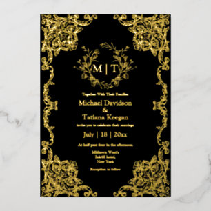 Black and Gold Baroque Floral Monogram Wedding