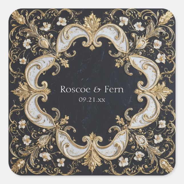 Black and Gold Baroque Floral Wedding Sticker (Front)
