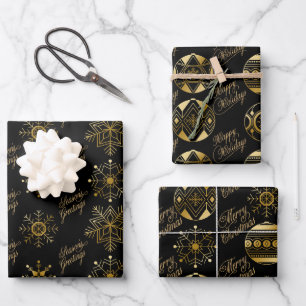 Black And Gold Baubles And Snowflakes Christmas Wrapping Paper Sheet