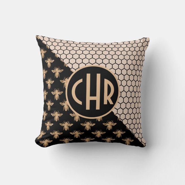 Black and Gold Bees and Pink Honeycomb Monogram Cushion (Front)