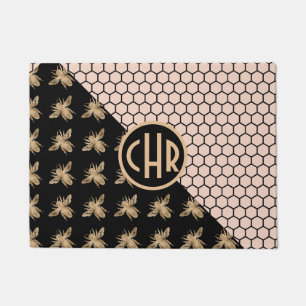 Black and Gold Bees and Pink Honeycomb Monogram Doormat