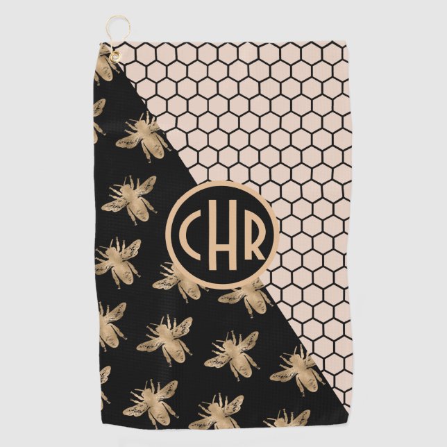Black and Gold Bees and Pink Honeycomb Monogram Golf Towel (Front)
