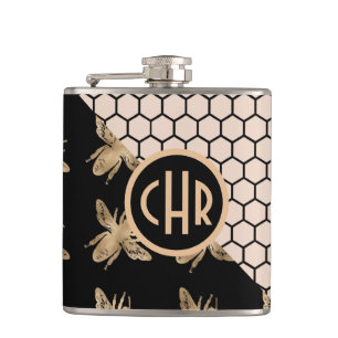Black and Gold Bees and Pink Honeycomb Monogram Hip Flask