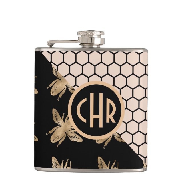 Black and Gold Bees and Pink Honeycomb Monogram Hip Flask (Front)