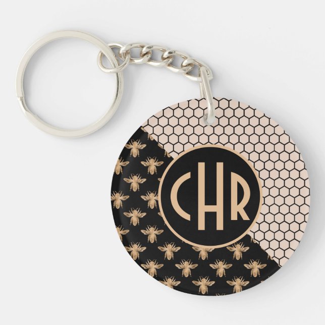Black and Gold Bees and Pink Honeycomb Monogram Key Ring (Front)