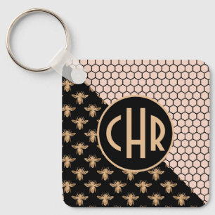 Black and Gold Bees and Pink Honeycomb Monogram Key Ring