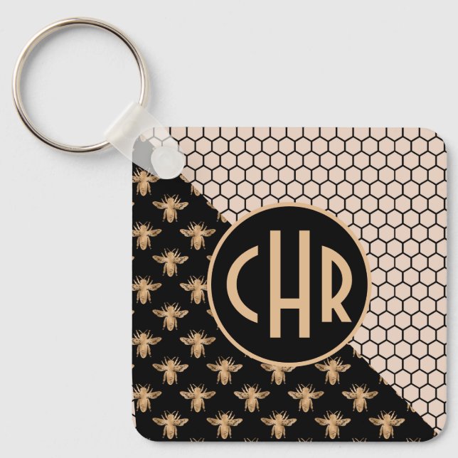 Black and Gold Bees and Pink Honeycomb Monogram Key Ring (Front)