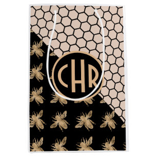 Black and Gold Bees and Pink Honeycomb Monogram Medium Gift Bag