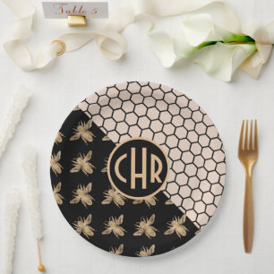 Black and Gold Bees and Pink Honeycomb Monogram Paper Plate