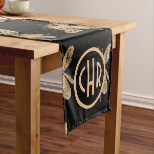 Black and Gold Bees and Pink Honeycomb Monogram Short Table Runner