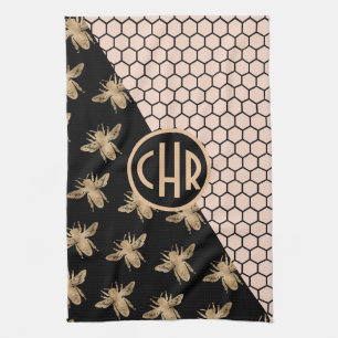 Black and Gold Bees and Pink Honeycomb Monogram Tea Towel