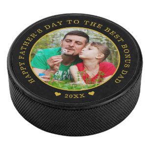 Black And Gold Best Bonus Dad Father's Day Photo Hockey Puck
