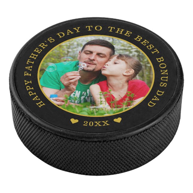 Black And Gold Best Bonus Dad Father's Day Photo Hockey Puck (3/4)