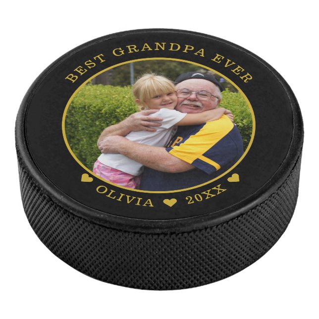 Black And Gold Best Grandpa Ever  Photo Hockey Puck (3/4)