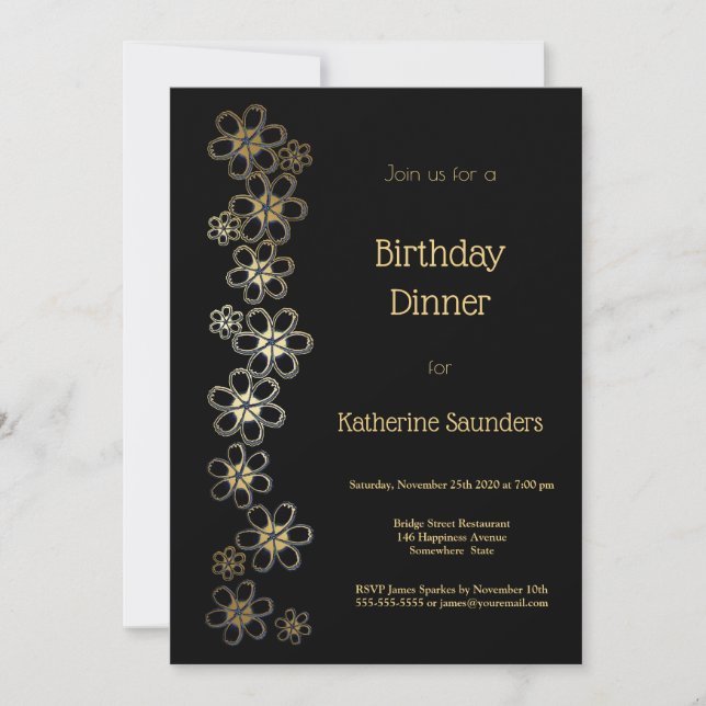 Black and Gold Birthday Dinner Party Invitation (Front)