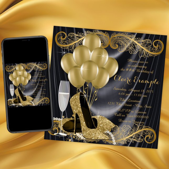 Black and Gold Birthday Party Hollywood Glamour Invitation (Black gold high heel shoe birthday party invitation with gold shoes, balloons, pearls on satin back.)