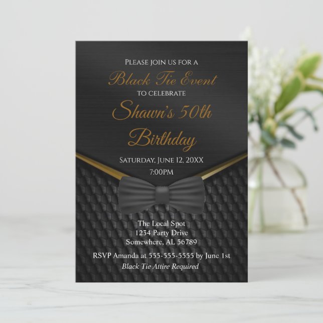 Black and Gold Black Tie 50th Birthday Invitation (Standing Front)