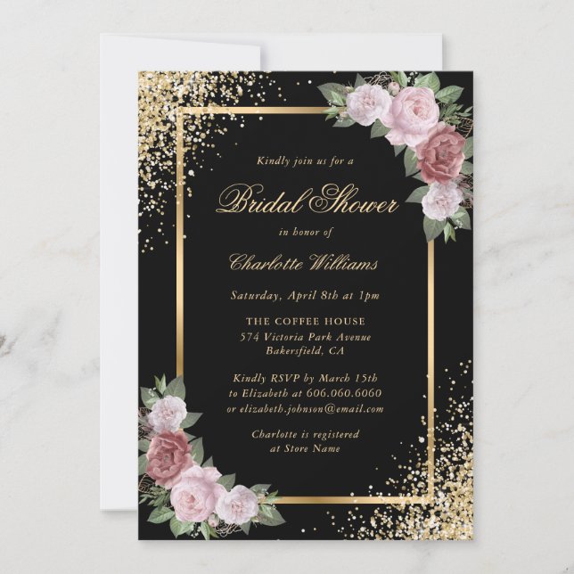 Black and Gold Blush Pink Floral Bridal Shower Invitation (Front)