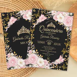 Black and Gold Blush Pink Quinceañera Butterfly Invitation