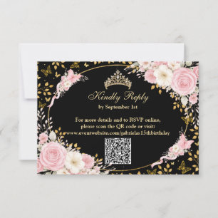 Black and Gold Blush Pink Quinceañera Butterfly RSVP Card