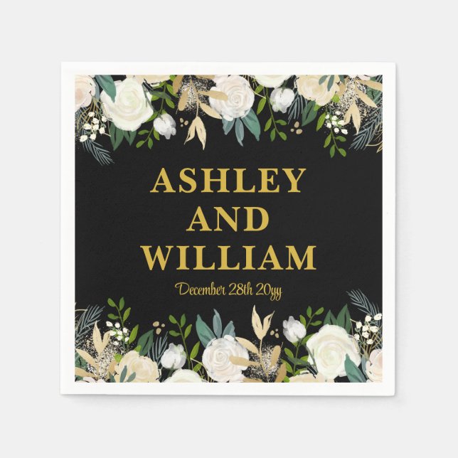 Black and Gold Boho Bohemian Chic Greenery Wedding Napkin (Front)