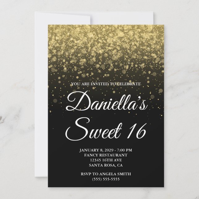 Black and Gold Bokeh Confetti Sweet 16 Invitation (Front)