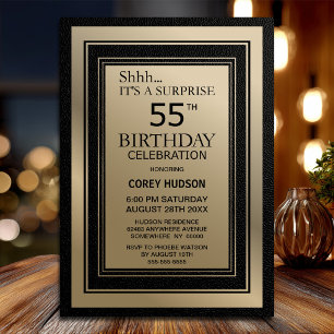 Black and Gold Border Surprise 55th Birthday Party Invitation
