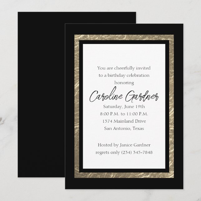 Black and Gold Bordered Birthday Invitation (Front/Back)