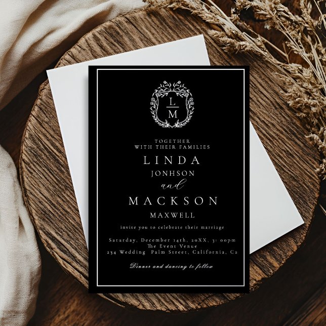 Black and gold botanical crest monogram wedding (Creator Uploaded)