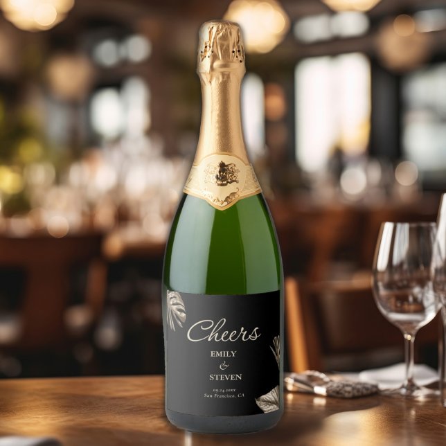 Black and Gold Botanical Elegant Wedding Sparkling Wine Label (Creator Uploaded)
