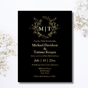 black and gold botanical monogram wedding foil invitation postcard