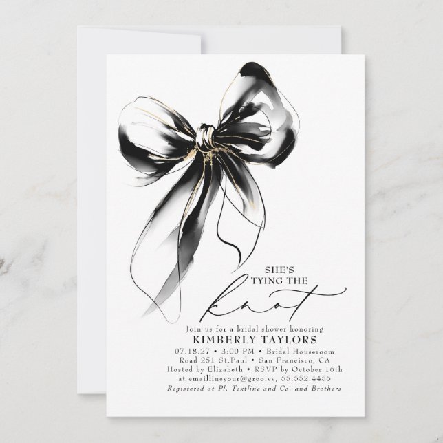 Black and Gold Bow Elegant Whimsical Bridal Shower Invitation (Front)