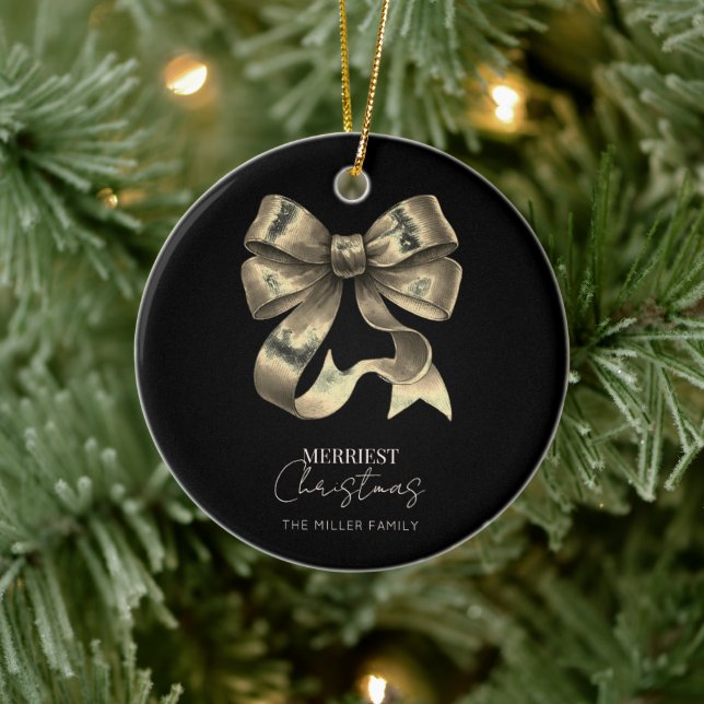 Black and Gold Bow Minimalist Christmas Ceramic Ornament (Tree)