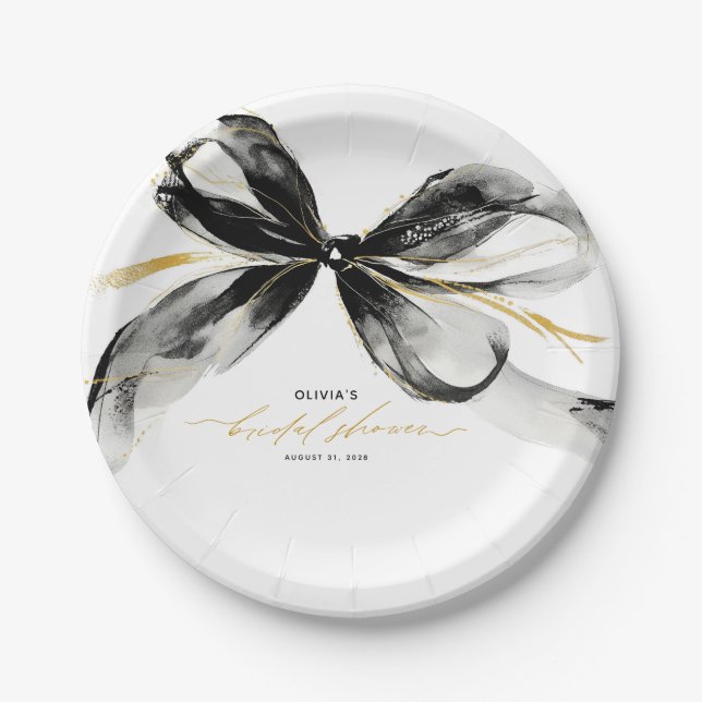 Black and Gold Bow Sophisticated Bridal Shower Paper Plate (Front)