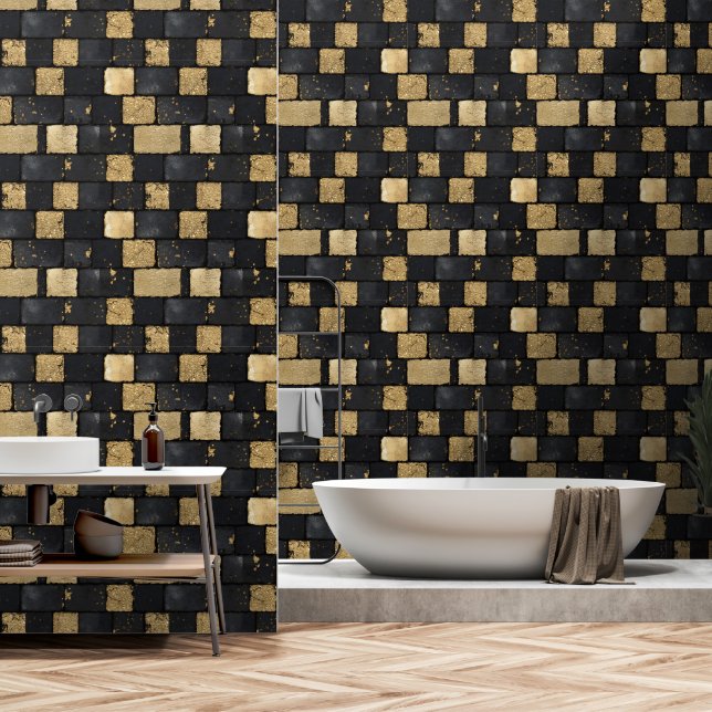 Black and Gold Brick Pattern Wallpaper (Bathroom)