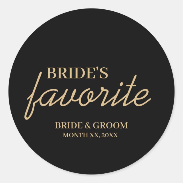 Black and Gold Bride's Favourite Snack Wedding Classic Round Sticker (Front)