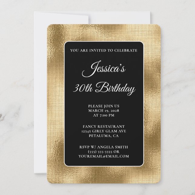 Black and Gold Burlap 30th Birthday Invitation (Front)