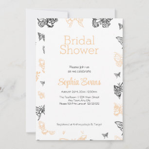 Black and Gold Butterflies White Bridal Shower Invitation