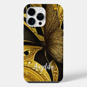 Black and Gold Butterfly Personalised Name iPhone 14 Pro Max Case