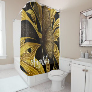 Black and Gold Butterfly Personalised Name Shower Curtain