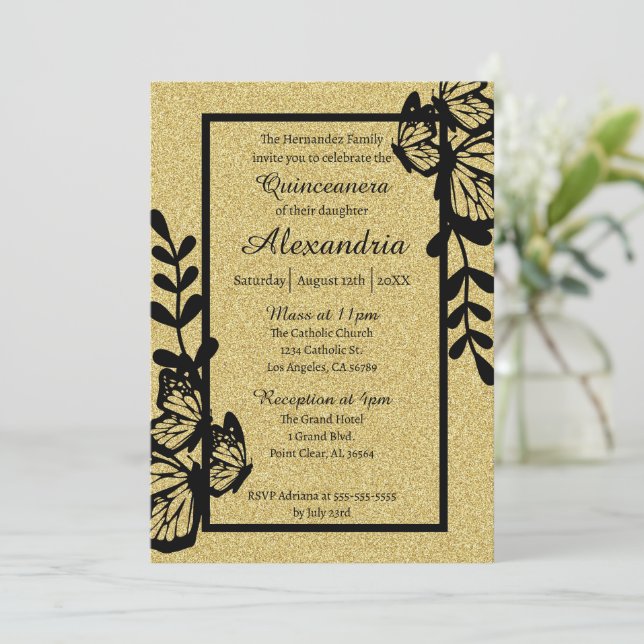 Black and Gold Butterfly Quinceanera Invitation (Standing Front)