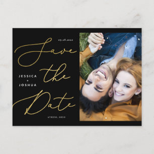 Black and Gold Calligraphy Photo Save the Date Postcard