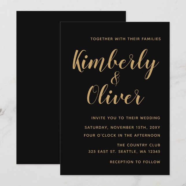Black and Gold Calligraphy Wedding Invitation (Front/Back)