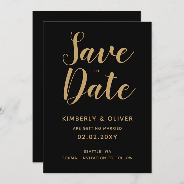 Black and Gold Calligraphy Wedding Save the Date Invitation (Front/Back)