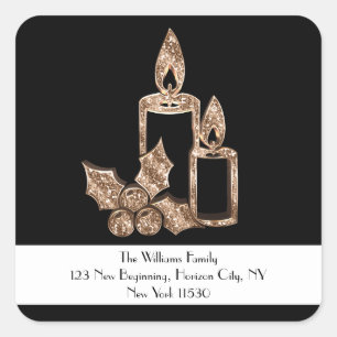 Black and Gold Candle with Holly Christmas Square Sticker
